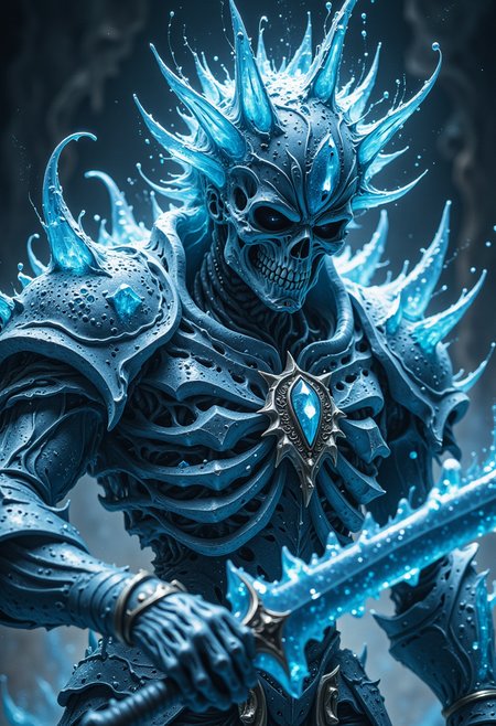 cinematic film still low angle shot, Skeleton ice king, ice like glass, frosty, ornate ice armor, large crown of sharp ice shards, using Broncolor Flash, ice flame in one hand, ornate ice sword in the other hand, eerie, mystical, ice desert background, <lora:FredFraiStyle-FLUX-Share.safetensors:1.0>,  FredFraiStyle, Knight, Armor <lora:DnDDarkestFantasy.safetensors:1.0>, ArsMJStyle, dnddarkestfantasy <lora:flux_vividizer.safetensors:1.0>,  . shallow depth of field, vignette, highly detailed, high budget, bokeh, cinemascope, moody, epic, gorgeous, film grain, grainy