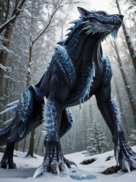 <lora:MH_Lunagaron_a1_8_PonyXL:.7>, score_9,score_8_up,score_7_up, nature photography, (Close up, extreme closeup, extreme portrait:1.1) 
, low angle shot shot , face focus,
mhlunga,solo,feral,detailed background,yellow eyes,black sclera,forest,snow,ice claws ,ice glass spikes,(made of glass:1.2),standing on hind legs
backlight, dramatic lighting, melting ice, dripping
hardlight , bloom, translucent glass, subsurface scattering, sharp hyper detailed, (shiny glass skin:1.2), (ultra-detailed scales:1.1), bright highlights, <lora:RM_Enhancer_v1.0_bf16:.1>  <lora:sdxl_glass:1> <lora:p:.2> <lora:Add_More_details_SD3:.5>