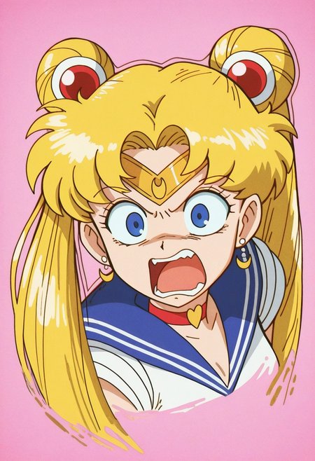masterpiece, best quality, amazing quality, very aesthetic, noise, very awa, Astrodaimus, fisheye view.
sailor moon, blonde hair, blue eyes, open mouth, aggressive, surprised, angry. 
pink background