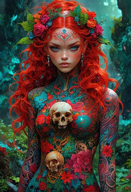 The composition includes evil female, red short dress, curly red hair with glitter, The composition includes beautiful, exotic, magical, surreal,  full view, Long teal curly hair,  planet  intricately detailed,  the surreal figure of Long teal curly hair,g0thicPXL,woodland freckled fairy girl swirling magical fairytale abstract artstation style, Skull tattoos, Full skull arm tattoos, Full leg dragon tattoos, flower chest tattoos, unique angle, close up, outdoors, low exposure,