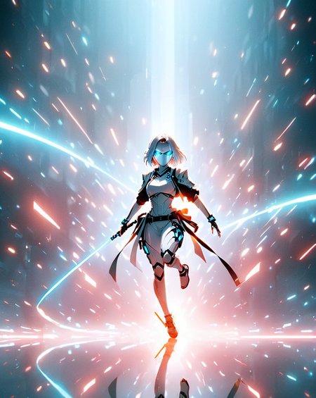 3d, cg, photorealistic smooth animation style, smooth anime, masterpiece, best quality, a ninja assassin, backlight, covered in white cybernetic bio-mechanical armor with blue accents, jump, jump kick, carrying blue glowing whip, ((wearing white full mask covering full face with light blue glowing eyes)), white armored gloves, white armored traditional ninja Jika-tabi , facing viewer, reflection, quasarcake, ishikei, colorful neon abstract background, bold lines, intricate details, hyper detailed, very detailed, high resolution, sharp, sharp image, 4k, 8k, masterpiece, best quality, trending on artstation, dark, moody,
<lora:CyberLight:0.7> CyberLight, <lora:M05_Intensify:0.7>, <lora:Midjourney Image Enhancer XL v1:0.2> <lora:3D:0.6>,  <lora:drunken-fist03:0.7> fight stance,  <lora:3D_Modeling_2:0.3> ,<lora:MG_ip:0.5> MG_ip,   <lora:xl-shanbailing-1213Glitch_effect:0.5>, bailing_glitch_effect,  <lora:- SDXL - vanta-black_contrast_V3.0:0.3>