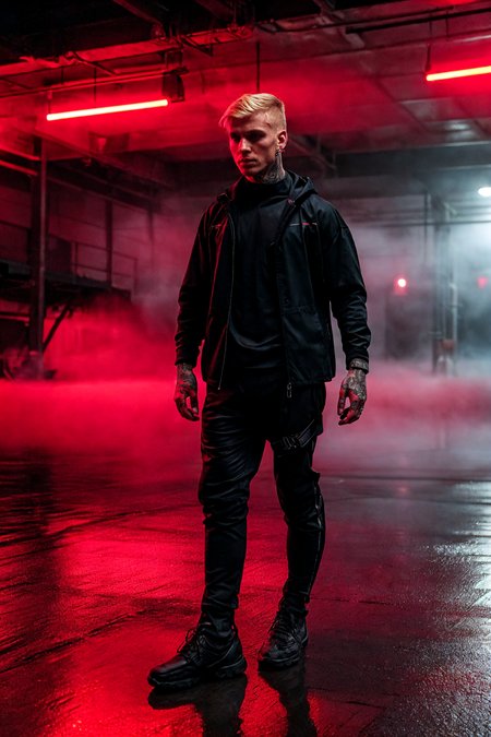 RAW photo, handsome man in dark clothes, techwear, short hair, blonde, tattoos, piercings, muscled, (parking, industrial, wet floor, red lights, volumetric, fog),