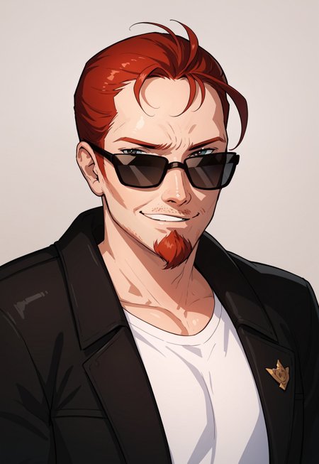 score_9, score_8_up, score_7_up, source_cartoon, solo, 1boy, post@l_dude, red hair, red goatee, black glasses, black coat, shirt, smirk, portrait,