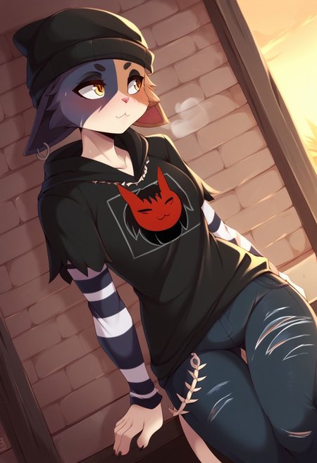 score_9, score_8_up, score_7_up, (by teranen), outdoor, sexy, sweat, dutch angle, looking aside, high quality, hires, solo, detailed background, easynegative, pose, pawpads, (horny), steam, 
me0wsklls, furry female, body fur, two-tone fur, cat ears, orang eyes, cat tail, crawls, black beanie, black hoodie, layered sleeves, long over short sleeves, striped sleeves, pants, jeans, torn pants
