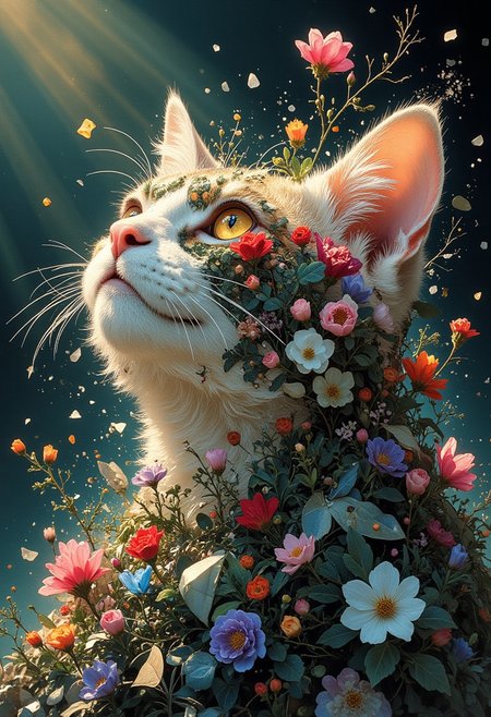 masterpiece, best quality, A hyper-realistic a cat head made of translucent, crystallized material shatters outward, with shards transforming into a burst of vibrant flowers. The flowers are varied in color and species, blooming mid-air as if born from the explosion. crystals. Soft light refracts through the crystal fragments, creating a surreal, dreamlike atmosphere, captures the quiet magic of nature's resilience and the promise of spring, highly detailed, beautiful, vibrant, masterpiece, 32k, ultra HD, ultra-detailed, amazing quality, amazing artist, sharp edges, detailed textures, full view, atmospheric lighting, amazing visuals, An embroidered design Spring atmosphere