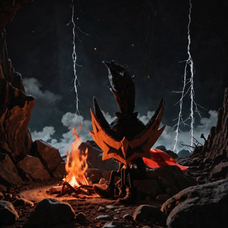 score_9,score_8,score_7, taterazay, mask, red cape, arms, high quality, hands, legs, boots, full body, background, highres, high resolution, dark lighting, sitting, fire, lonely, rock cave background, bonfire