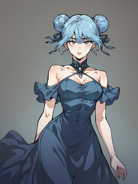 score_9, score_8_up, score_7_up, score_6_up, score_5_up, wthi, 1girl, blue hair, double bun, velvet dress,  <lora:wthiXLP2:0.8>