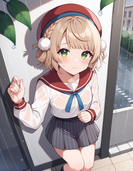 score_9, score_8_up, score_7_up, score_6_up, score_5_up, score_4_up, source_anime, rating_safe, BREAK <lora:uiXL_LoRA-C3Lier_AdamW_Dim16_Alpha16_UN-3e-4_TE-1.5e-4_10batch_ponyDiffusionV6XL_v6StartWithThisOne:1>, shigure ui \(vtuber\), 1girl, virtual youtuber, light brown hair, short hair, french braid, hair rings, green eyes, small breasts, pom pom hair ornament, red beret, red sailor collar, pom pom \(clothes\), blue ribbon, white shirt, sleeves past wrists, striped skirt, blush, worried, wet, see-through, looking at viewer, looking up, dutch angle, from above, rain, against wall, water drop, leaf, tree, city, road, wind