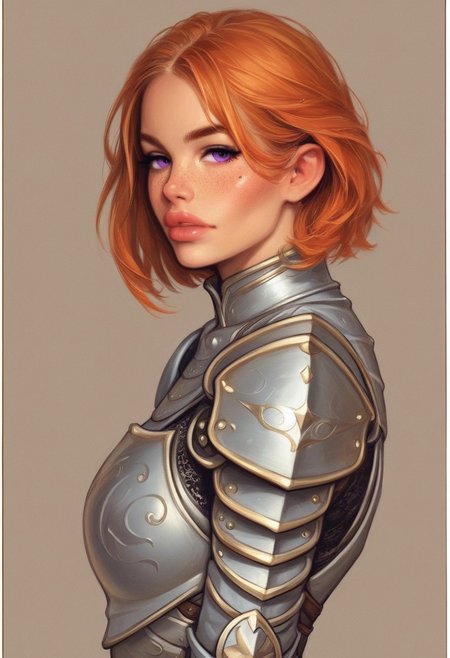 (((side view, beauty young clean face))),
looking at viewer, highly detailed, source_comic_illustration, from front, 1girl, illustration, comic style, looking at viewer, highly detailed, source_comic_illustrationskinny, looking at viewer, 1girl, masterpiece, best quality, cowboy shot, girl, realistic drawing, anime, by Sam Yang, sharp highly detailed 2d illustration, comic art, (hyperrealism, soft light, sharp), 
BREAK
(adult woman), (1girl, solo), (looking at viewer), ((knight, armor, skirt)), freckles, standing, (orange hair, medium hair), (purple eyes), (best quality, high detail), ((masterpiece)), ((ready to fight, holdind big sword in hands)), <lora:1_ino_20e:1>
BREAK 
((field, mountains)) score_9, score_8_up, score_7_up, score_6_up, source_cartoon, rating_explicit, Expressiveh, (((((upper body))))), dynamic pose
