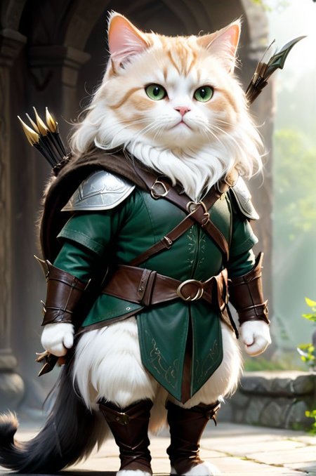 ((full body)), ((Fatty cat)) in the form of the elf Legolas from the movie Lord of the Rings, with a bow and wearing elven armor. fluffy paws, <lora:xl_more_art-full_v1:0.55>, background action-packed, ((correct anatomy))