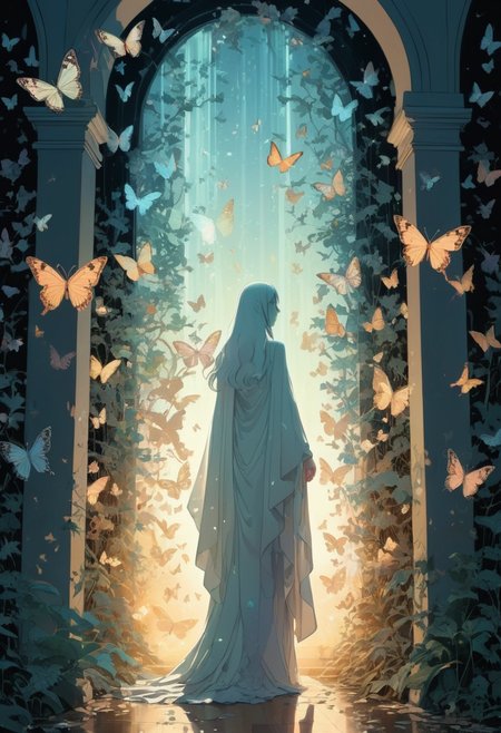 masterpiece, best quality, (Anime:1.4), (((ghost standing in beam of light))), under column of butterflies, painted in style of Tomer Hanuka, insane amount of detail, dreamy iridescent flair, naturalistic elements, vivid textures, dynamic lighting, rich color gradients, intricate patterns on butterflies, iridescent wings, ethereal atmosphere, lush foliage, surreal environment, delicate interplay of light and shadow, dream-like quality, Hanuka-inspired stylization, natural beauty enhanced <lora:add-detail-xl:1>