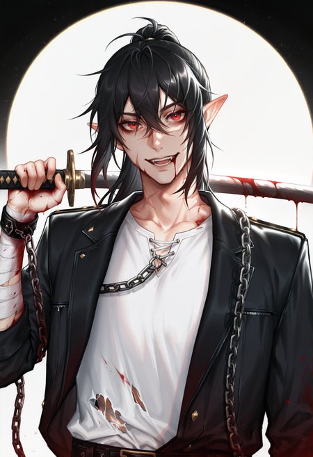 <lora:MythweaverILXL-000010:1> mythw3av3r,
weapon, solo, sword, bandages, red eyes, chain, simple background, 1boy, ponytail, black hair, pointy ears, holding weapon, male focus, holding, open mouth, holding sword, jacket, bandaged arm, white background, katana, shirt, over shoulder, upper body, long hair, smile, cuffs, scar, white shirt, weapon over shoulder, blood, sheath, looking at viewer, black jacket, open clothes, torn clothes, masterpiece, best quality, amazing quality, intricate detail, highly detailed, absurdres, very aesthetic, dynamic lighting, detailed background, scenery, (volumetric lighting)