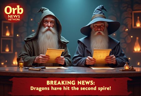 A screenshot of a news report of Two photorealistic wizard news anchors in traditional robes sit at a sleek news desk with glowing runes, both holding enchanted scrolls like news reports facing the camera with concerned expressions. A news logo reading 'Orb News Network' is displayed in the top-left corner. A 'Breaking News' banner in bright red scrolls across the bottom: 'BREAKING NEWS: Dragons have hit the second spire!.' The wizards look concerned as magical items like floating wands and potions shimmer in the background, creating a sense of urgency. News report. 4k, photorealistic, masterpiece.