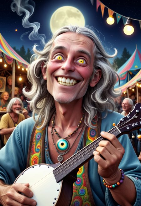 Man aged 69, collar-length straggly grey hair, very thin on top 
hippy, necklace with eyeball design, big rotten yellow front teeth, gap between front teeth, smoking joint, manic look, double-chin, big dark eyes, playing shiny mandolin 
grinning, folk festival, stalls, crowds, Moonlight, brightly lit on one side, psychedelic style 
(psychedelic art in drdjns style)
