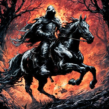 (illustration:1.4), digital art, breathtaking artwork of a black wraith rider  galloping on a horseback by dnmumfrd <lora:dan_mumford_v1:2.0>, danger, chaos, demon of power, Valaraukar, cinematic film still  . shallow depth of field, vignette, highly detailed, high budget, bokeh, cinemascope, moody, epic, gorgeous, film grain, grainy, breathtaking  . award-winning, professional, highly detailed, horror-themed  . eerie, unsettling, dark, spooky, suspenseful, grim, highly detailed, long exposure photo of  . Blurred motion, streaks of light, surreal, dreamy, ghosting effect, highly detailed