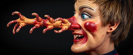 rotting infection of sickly, retrogore, side view, split bifurcation, a creepy doll is laughing so hard that the her long deformed bifurcating nose bifurcated into two long noses with each of the two long noses bifurcating once again so there are four long noses, the pattern repeats until there are sixteen noses with each of the sixteen bulbous tips of the bifurcated noses rupturing in a grotesque retrogore bloody delight. Magical splatter. Insane hallucinogenic properties. . gelatinous jaundiced goo lightly swirled with blood, asymmetrical discoloration, scabbing, flaking, lesions, Pus, tearing, worn, grime,