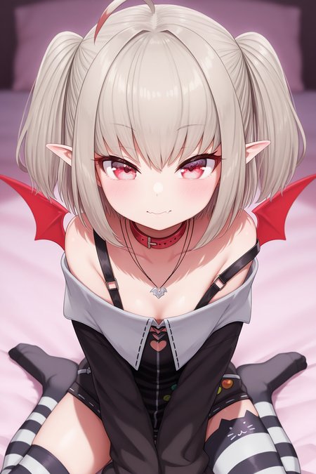 1girl,
MakaiNoRirimuNijisanji, MakaiNoRirimu2ndCostume,
general, solo, 
grey hair, ahoge, twintails, medium hair, eyelashes,
no hair ornament,
red choker, pendant, black jacket, off-shoulder jacket, 
striped thighhighs, cat ear legwear, red wings,
looking at viewer, wariza,
depth of field,
<lora:kp_MakaiNoRirimuNijisanjiIllustrious_v1_0:1.0>,
masterpiece, best quality, amazing quality