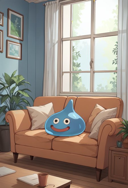 score_9, score_8_up, score_7_up, source_anime, BREAK solo, looking at viewer, dqslime, slime \(creature\), smile, indoors, couch <lora:SlimeDQ-pdxl:1>