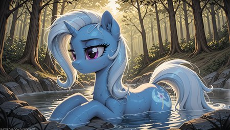 resolution, masterpiece, high resolution, (SOLO: 1.2) my little pony, friendship is magic, wild, detailed background,
forest,  bathing, mouth closed,
Trixie pony, blue body, violet eyes,
long, wavy mane and tail are silver-white with blue inserts, the mane is neatly laid,  <lora:Trixie:1>