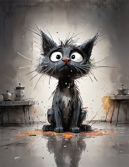 impactful color paint of cute drawing of a kitten creating a mess in a kitchen, 
highly detailed, sharp, professional, clear, high contrast, crystal clear, 4k, uhd, masterpiece