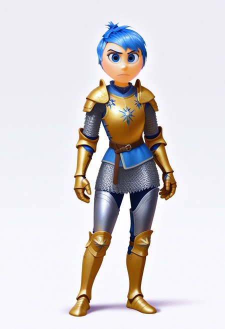 solo, joyemotion, blue hair, looking at viewer, armor, pauldrons, knight, greaves, cuisses, gauntlets, chainmail, full body, front view, blank background