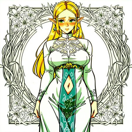 safe_pos, (4L3CT05TYL3:1.4),very aesthetic, intricate details, highly detailed background, masterpiece, high quality,limited color palette,lineart,vector art, 1girl, solo, Anime coloring, Princess Zelda, Zelda, solo focus, blonde hair, green eyes, white dress, long sleeve, fully covered, long dress, perfect breasts, navel cutout, embarrassed face, shy, posing, looking at viewer, simple background