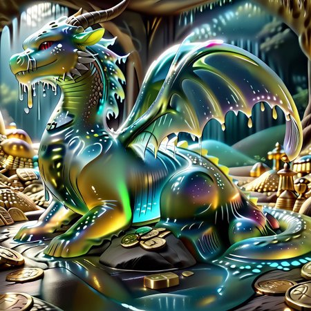 1dragon, highly detailed deep green and black  dragon, deep green and black dragon made out of slime, scaly deep green and black slime dragon, slime dragon with red eyes, deep green and black slime dragon laying in its hoard, green and black slime dragon with wings, dragon wings, detailed claws, detailed feet, detailed tail,
multi-colored gems made out of slime, in a room of treasure made out of slime, tiny gold coins and bars made out of slime, piles of tiny coins, piles of tiny gold slime coins, piles of gold slime, tiny gold slime coins, only tiny coins, translucent slime coins, 
treasure-room, treasure, gemstone, coins, gold bars, gold pile, 
everything made of slime, No simple background,
((translucent slime)), ((transparent slime)), (bioluminescent slime), sl1m3, slime, ais-blmn, watce, je11y, thickwater, great lighting, ral-lava, even lighting, no bright spots, saturated colors,