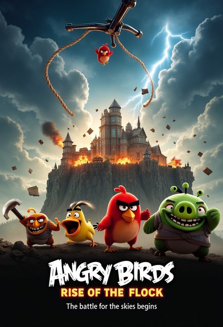 A dramatic, action-packed movie poster featuring a larger-than-life slingshot in the center, launching a fierce red bird through the air. The sky is dark and stormy, filled with towering clouds and lightning strikes. In the background, a massive fortress made of wood, stone, and glass stands ominously on a cliff, guarded by gigantic green pigs wearing battle armor. Explosions light up the scene as debris flies in every direction. The birdsaeach with distinct colors and powersaare shown mid-flight, ready for battle. The title 'Angry Birds: Rise of the Flock' is bold and metallic, with a glowing outline, while a tagline below reads, 'The battle for the skies begins.' The overall tone is intense and grand, reminiscent of epic adventure films.