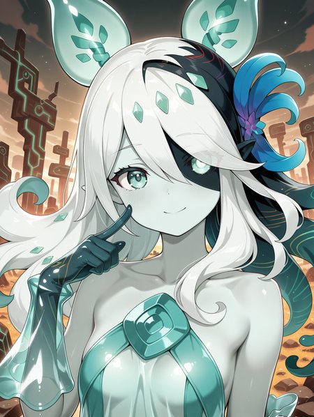 monster girl, icejade acti, 1girl, solo, smile, looking at viewer, upper body, hair over one eye, closed mouth, hair flower, collarbone, see-through body, see-through gloves, see-through dress, finger to cheek, heterochromia,historical ruins,
masterpiece,best quality,amazing quality,very aesthetic,absurdres,newest,<lora:Icejade Acti illuXL v1.2:0.83>,