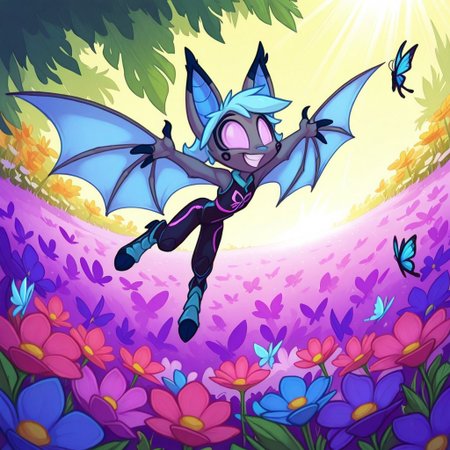 Dreamkeepers,1girl,Prelude_Vanth,solo,furry,source_furry,blue hair,wings,furry,bat wings,
child, kid, 
butterfly, reaching out, outdoors, spring, flowers, smiling, gentle breeze, warm colors, soft shading, dreamy, nature, stands in a flower-filled meadow, reaching out with both hands to gently catch a butterfly. Her expression is full of wonder as the tiny creature flutters just beyond her grasp, bathed in soft sunlight