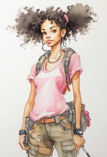 score_9, watercolor sketch,  A full-body sketch of an anime character in the style of Studio Ghibli. She is young and happy, with big, curly hair tied back tightly at the top and hanging loose below. She is wearing hiking boots and baggy cargo pants made from thick, woven fabric. Her backpack has many pouches on it, and she carries two long sticks as weapons. The background is white, with simple lines and low detail, and no shading., This is a sci-fi fantasy concept style illustration, pink nipples, nipple rings with bold ink lines on a white background