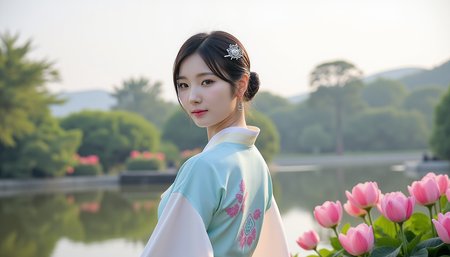 Imagine a young Asian woman dressed in the elegant attire of the Joseon era, standing in a serene and picturesque landscape. She wears a traditional hanbok, the delicate layers of fabric in shades of soft pastel blues, pinks, and creams flowing gracefully with the gentle breeze. The hanbok's jeogori (jacket) is adorned with intricate floral embroidery, symbolizing peace and prosperity, while her chima (skirt) falls in beautiful folds, creating a graceful silhouette.

Her hair is styled in a refined updo, with a simple yet elegant norigae (decorative tassel) hanging from the strings of her hairpin. A delicate silver hairpin shaped like a flower or bird rests securely in her hair, giving a subtle touch of sophistication. Her face radiates youth and grace, with gentle, almond-shaped eyes that reflect the quiet beauty of the surroundings.

She stands near a serene pond in a blooming garden, surrounded by lush greenery and the gentle mist of a distant palace range. The sky above is soft, either the light hues of dawn or the golden glow of dusk, lending a dreamy atmosphere to the scene. Her presence feels harmonious with the tranquil landscape, as if she belongs to the timeless elegance of this historical moment.