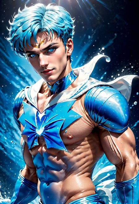 digital art, semi realistic, fantasy, best quality, masterpiece, extremely detailed, very detailed face, very detailed eyes, dynamic angle, seen from the side, dynamic pose, rising fist, vintage sci fi poster of a male bodybuilder, pale skin, handsome, blue hair, short hair, pointed eyebrows, huge plumped lips, innocent, smart, shy, smiling, wearing a sailor mercury dress, fighting in space, (cinematic light, volumetric), splash art