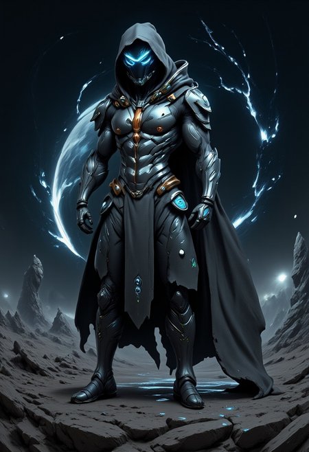 rugged and battle-hardened human ranger, stands in a desolate alien landscape under a starry sky. He wears futuristic tactical armor with a weathered cloak draped over his shoulders, holding a high-tech bow glowing with energy. His expression is focused and determined, as if he's on the hunt for dark creatures. Behind him, the ruins of an ancient temple rise from the ground, while distant planets and stars shine in the background