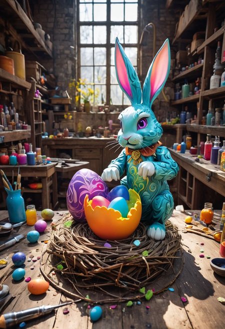 Masterpiece (wide angle shot) , Easterbunny crafting an incantation, (creating a little colorful magic egg in a nest:1.6), standing on an old carved table in a colorful factory laboratory.  fantastic view.
<lora:xl_more_art-full_v1:0.5>  <lora:EnvyInkSwirlXL01:0.3> swirling ink