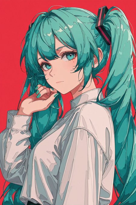 1girl,solo,long hair,hatsune miku,looking at viewer,nail polish,upper body,aqua nails,twintails,red background,bangs,aqua hair,long sleeves,aqua eyes,green nails,from side,shirt,closed mouth,hand up,
<lora:nest virgo_illustriousXL:1.2>,