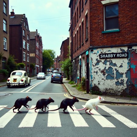 classic album cover reenactment amongst urban decline of abandoned high-street under blue skies, long shot of four rats on zebra crossing walking, on right wall is old nameplate white letters on black, reads "SHABBY ROAD", overgrown cracked road intersection, at left side of road is a white Volkswagen Beetle, rear yellow registration plate reads "LMW 281F", peeling plaster painted cracked brick black white red cyan blue abstract over rats, blue rat gray rat black rat white, fab four walking to right-hand side