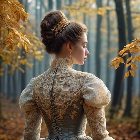epiCRealism, masterpiece, highly detailed, one girl in a extremely detailed Victorian dress, lace and embroidery with golden leaves and pearls, hair made in a high bun, she walks alone through a late autumn forest in a cold morning, the Sun has just risen and timid sun-rays pierce the autumn leafs and reaches the early mist that clings to the earth, time stands still while  early snowflakes falls from a grey sky