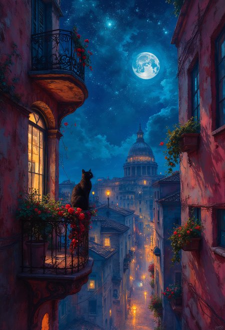 A black cat sits on a balcony looking down at an alley in the streets on Napoli on starry night, Vibrant Glow