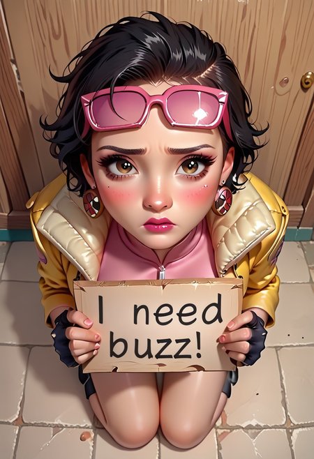 score_9, score_8_up, score_7_up, score_6_up, score_5_up, score_4_up, masterpiece, beautiful illustration, morimee_style, cute face, 1girl, JubileeXMXL, lipstick, brown eyes, black hair, short hair, eyewear on head, earrings, small breasts, yellow jacket, pink crop top, symbol print, navel, black gloves, single fingerless gloves, (full body, slightly from above), on her knees, sad, blush, detailed background,  looking at viewer, about to cry, holding a sign, indoors BREAK need_buzz, holding sign (sign text: I NEED BUZZ), SFW, face focus, watery eyes,