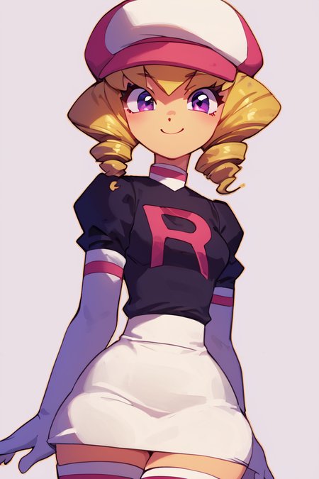 score_9, score_8_up, score_8, medium breasts, cute, eyelashes,       BREAK, , zzDomino, purple eyes, blonde hair, drill hair, team rocket, white hat, black shirt, white skirt, white gloves, white thighhighs,<lora:Domino_Pokemon_PDXL:0.8>,  , BREAK, wide hips, smile, looking at viewer, cowboy shot, embedding:zPDXL, Expressiveh, <lora:SweetCAT_PDXL:1.0>,  <lora:SDXLFaeTastic2400:0.5>,  <lora:Expressive_H-000001:0.4>,