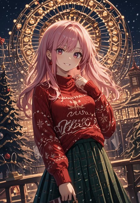 safe_pos, score_9, score_8_up, score_7_up,source_anime,  4K, finely detailed, masterpiece, intricate details, beautiful detailed, delicate, best quality, 
(amusement park:1.2), christmas, night, snowing, fantasy, christmas tree, ((a girl)), pink hair, christmas_sweater, red sweater, long hair, fancy hair style, sensual woman, beautiful breasts, green skirt, simple christmas ornaments, smile, glowing ferris wheel, 