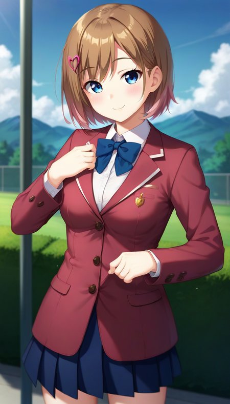 score_9,score_8_up,score_7_up,score_6_up BREAK official art,solo,outdoors,cowboy shot,looking at viewer,facing viewer,smile,blush,Wataya Rio,short hair,brown hair,heart hair ornament,hairclip,bangs,blue eyes,school uniform,red jacket,Blazer,white shirt,collared shirt,long sleeves,sleeves past wrists,medium breasts,blue skirt,pleated skirt,white socks,loafers,<lora:Wataya Rio(od)-Pony:1.2>,