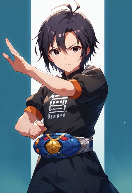 score_9, score_8_up, score_7_up, source_anime,
kkcmkt, short hair, black hair, antenna hair, hair between eyes, black eyes, flat chest,  small breasts, rider belt, henshin pose