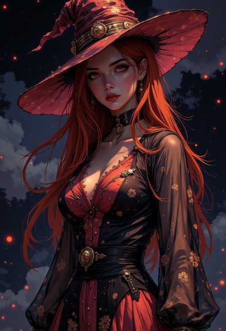 anime style, female, long red hair,  piercing pink eyes, A mysterious woman dressed as a witch, wearing a bright elegant, long-sleeved sheer dress adorned with intricate golden details, large bright witches' hat, long flowing hair, intense and focused expression, dark cloudy atmospheric background, dramatic lighting that highlights her face and costume, centered composition with a medium close-up framing, the mood is mystical and powerful. open bluse
aidmaMJ6.1, aidmafluxpro1.1