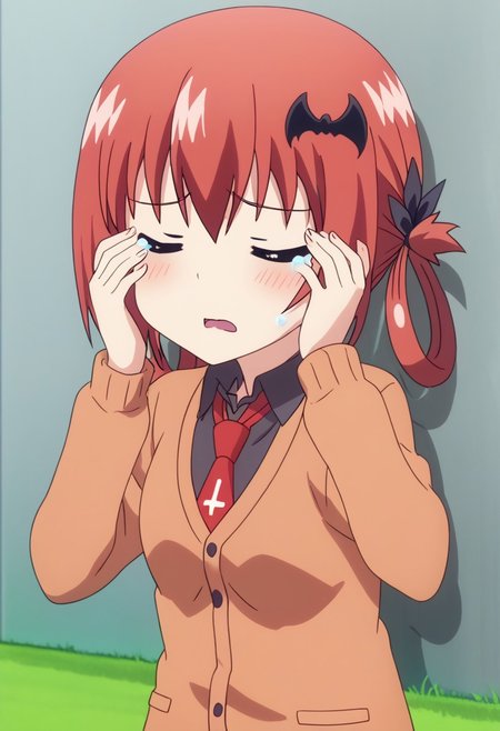 anime screencap, cowboy shot, upper body,
sad, crying, tears, hands rubbing eyes,
satanichia kurumizawa mcdowell,1girl,solo,long hair, bat hair ornament,hair ornament,necktie, hair rings, cardigan, school uniform, closed eyes, frown, 
blush, open mouth, arms raised, hands on face, cat paw, scream
BREAK 
outdoors,school building,grass,three,school yard,
leaning against a wall