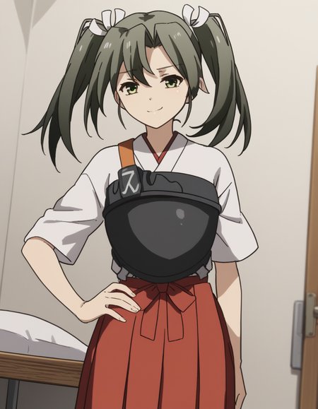 score_9, score_8_up, score_7_up, source_anime, <lora:kacolle-zuikaku-s1-ponyxl-lora-nochekaiser:1>, zuikaku, long hair, ribbon, twintails, green eyes, hair ribbon, zuikaku (kancolle), skirt, japanese clothes, muneate, red skirt, pleated skirt,, hospital room, bedside, get well flowers, comforting, quiet, smile, looking at viewer, smug, hand on hips,, solo,, cowboy shot, dutch angle