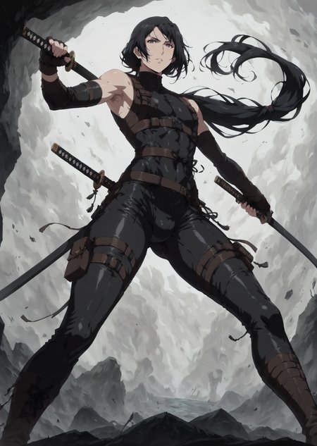 score_9, score_8_up, score_7_up, <lora:RUKANII:1.0>, rukako, 1femboy, long hair, black hair, low ponytail, purple eyes, (latex ninja:1.2), full body, (mature male, slim male), low angle, katana,
BREAK
<lora:Concept Art Twilight Style SDXL_LoRA_Pony Diffusion V6 XL:1.0>, <lora:sinfully_stylish_SDKL:0.9>, <lora:1dkXLP:0.2>, read description.1dk, masterpiece, 8k,