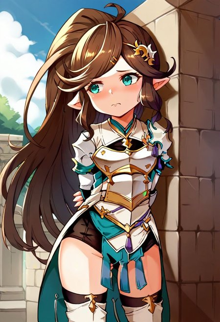 score_9, score_8_up, score_7_up, best quality, uncensored, source_anime, intricate details, high quality, perfect anatomy, BREAK
1girl, solo, gbf-polaris, harvin, brown hair, ponytail, green eyes, hair ornaments, armor, thigh boots, gbf-polaris outfit,
pantyshot, arms behind back, Sad, downturned mouth, drooping eyelids, and furrowed brow., outdoors,
<lora:sdxl_lightning_8step_lora:1> <lora:gbf-polaris_XL(pony):1>