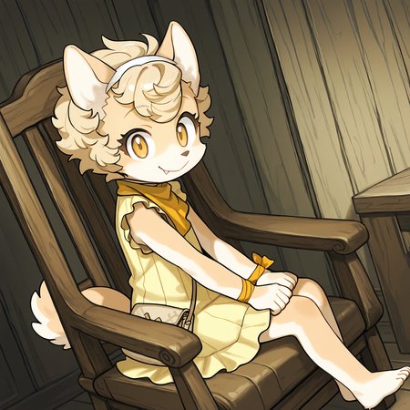 BREAK, <lora:Chick_Montblanc_Illustrious_V1:1>, Chick Montblanc, Fuga: Melodies of Steel, kemono, furry female, 1girl, dog girl, beige fur, white fur, multicolored fur, yellow eyes, blonde hair, short hair, animal ears, dog ears, dog tail,
BREAK, Fuga 1 Outfit, barefoot, yellow dress, sleeveless, handbag, yellow neckerchief, wrist ribbon, hairband,
BREAK, solo, inside, sitting sideways on chair, fancy chair, smile, fang, looking at viewer,